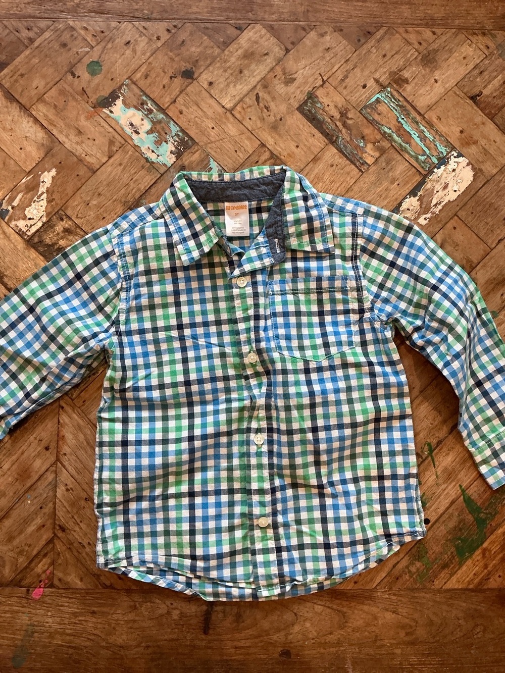 Gymboree Green, Blue & White Plaid Button-Down Shirt